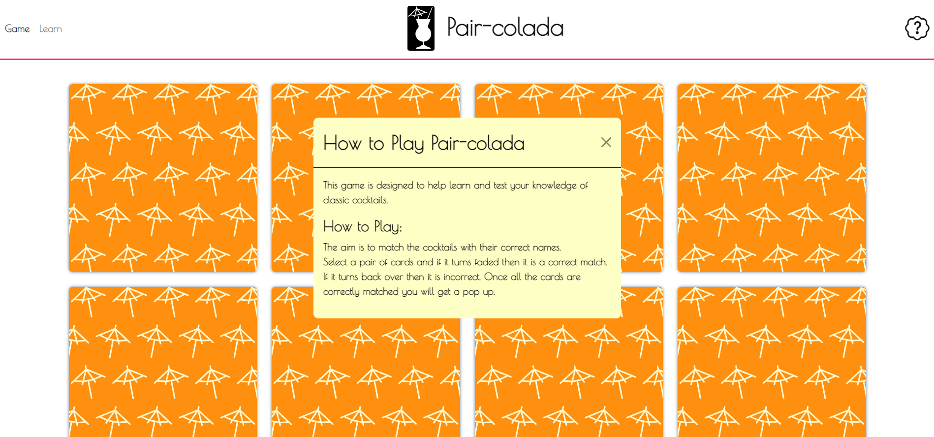 Pairs Game Website